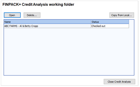 The working folder shows all of the FINPACK+ Credit Analysis files checked out to you.