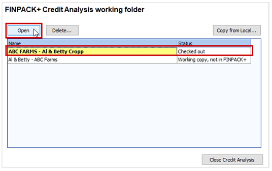 A checked out file is highlighted in the working folder of FINPACK+.