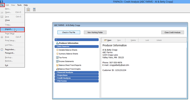 Use the File + Import to bring in FINPACK data from another source.